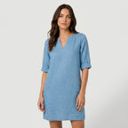 Women's Elbow Sleeve Linen Tunic Dress – V-Neck