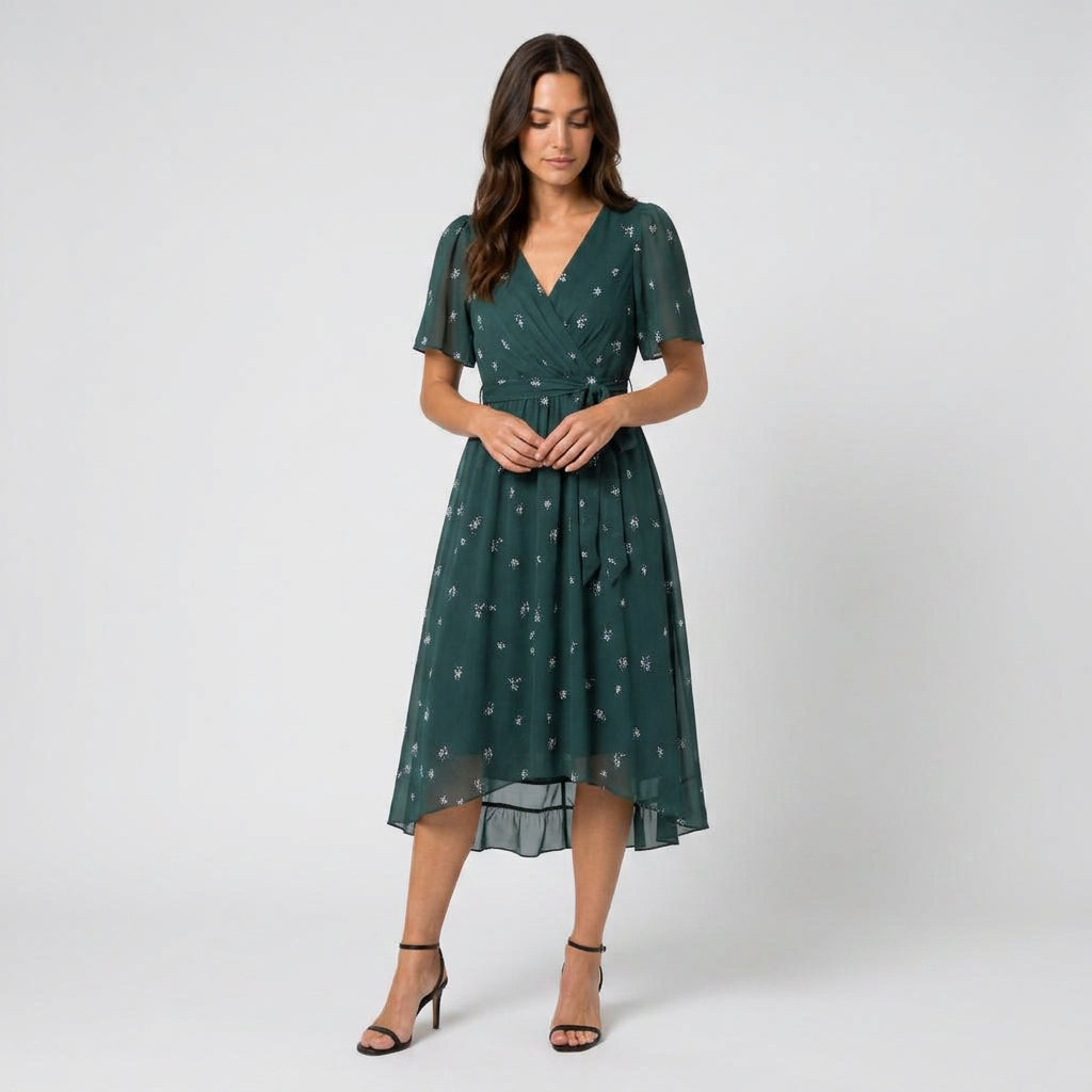 Women's Flutter Sleeve Floral Wrap Midi Dress – Tie Waist