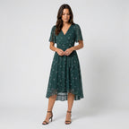 Women's Flutter Sleeve Floral Wrap Midi Dress – Tie Waist