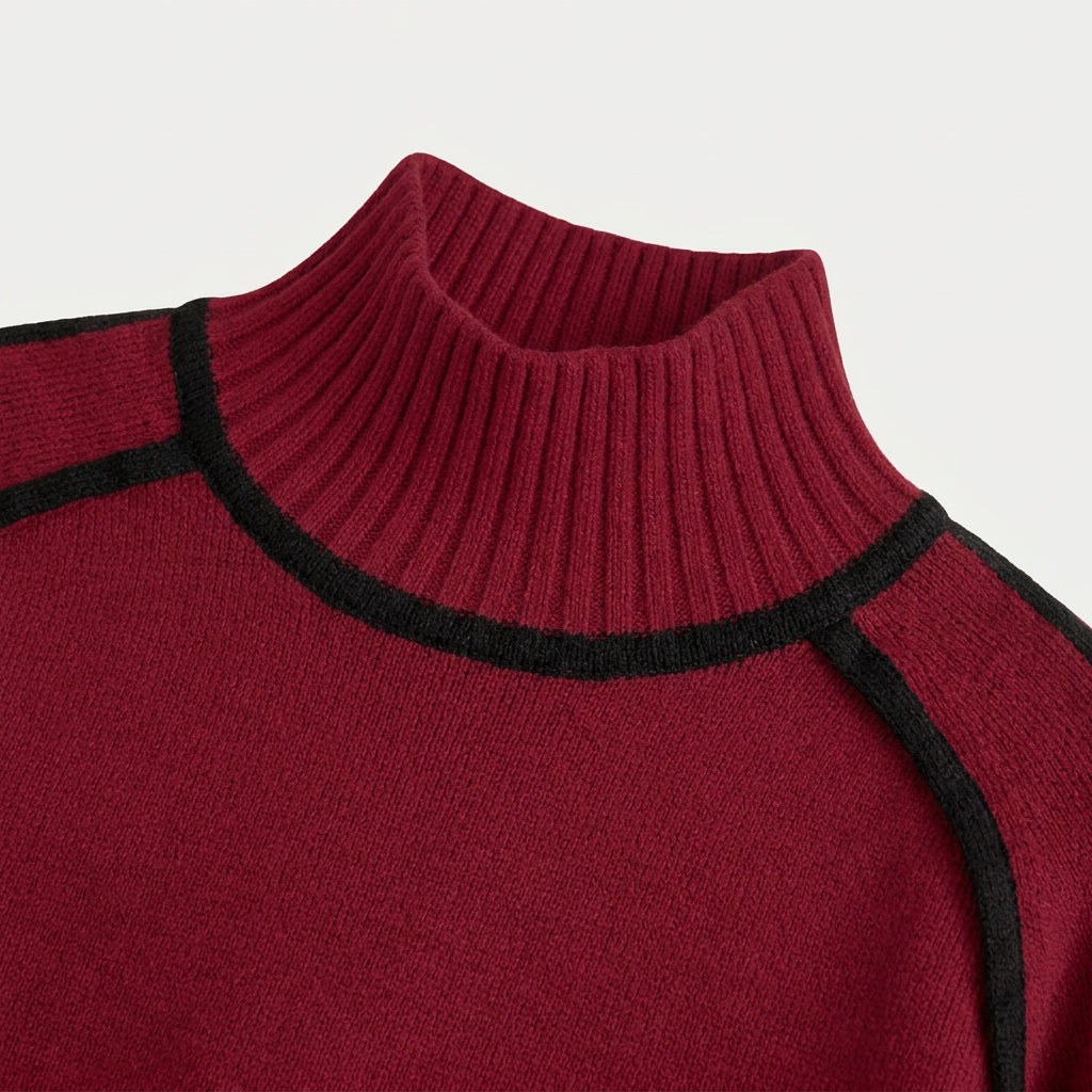 Women's Relaxed Fit Turtleneck Sweater – Contrast Piping, Ribbed Trims