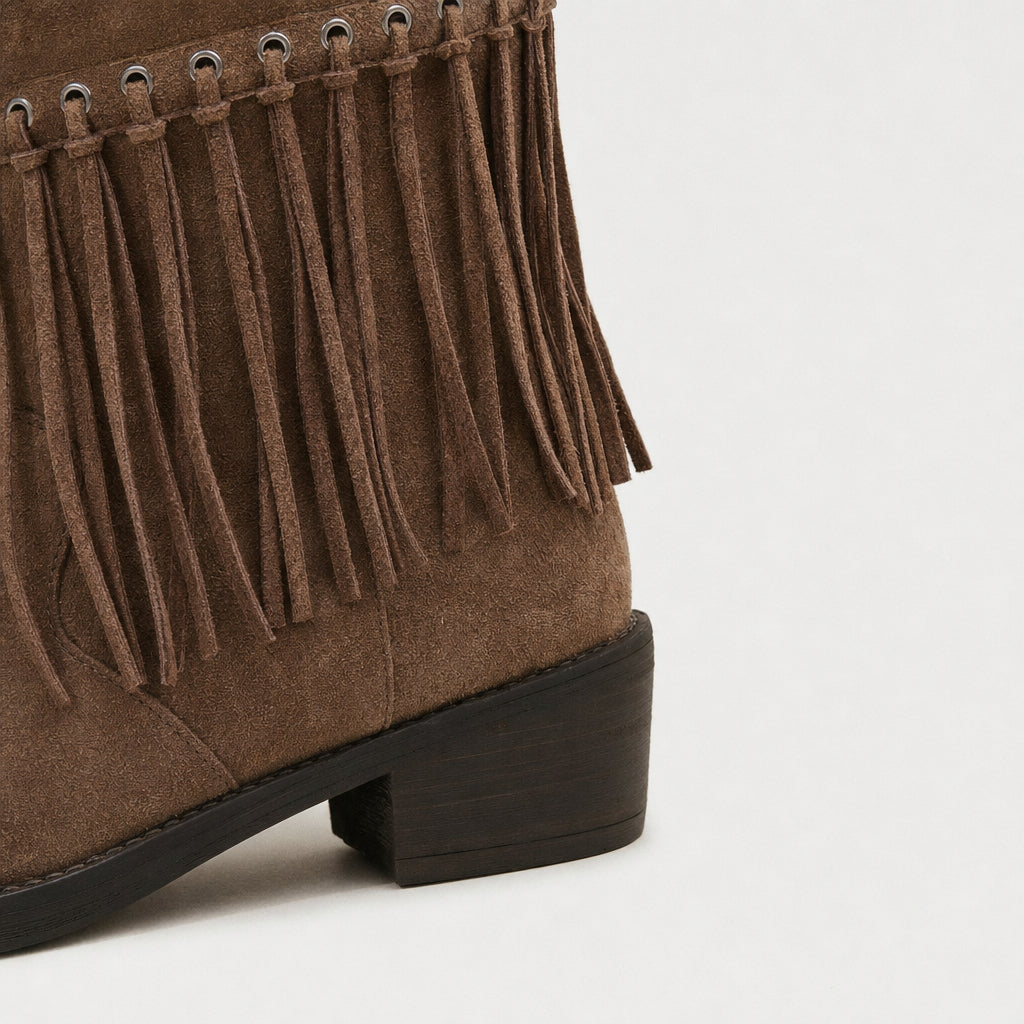 Women's Suede Fringed Mid-Calf Boot – Block Heel