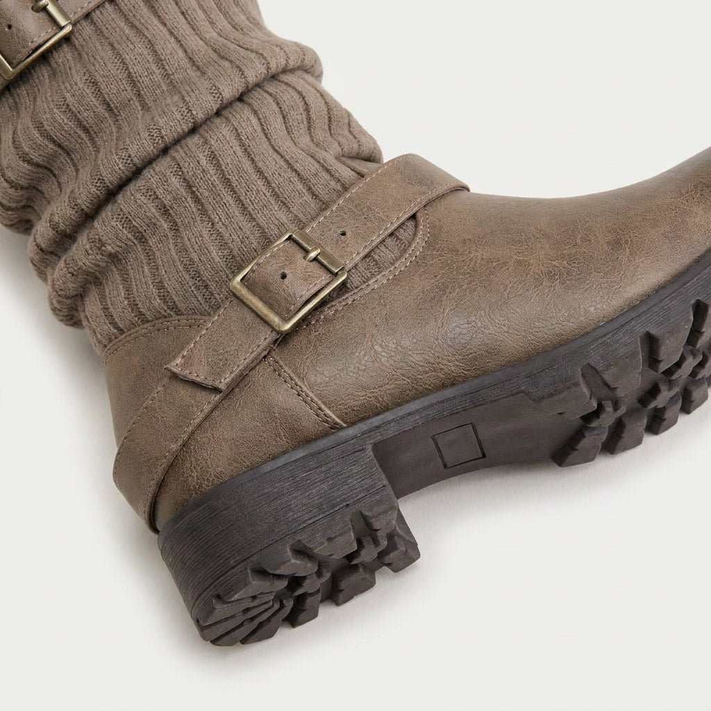Women's Buckled Knit Cuff Mid-Calf Boot – Lug Sole