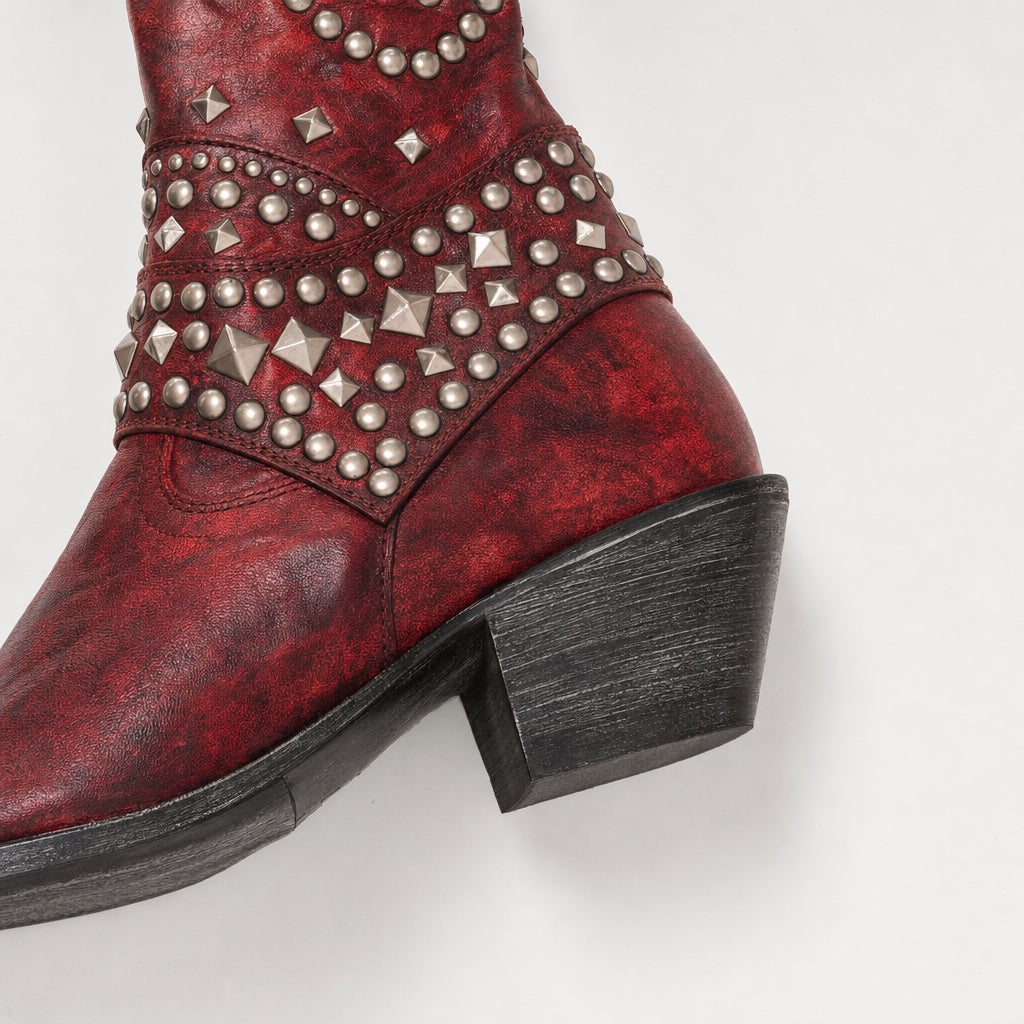 Women's Leather Studded Western Knee Boot – Block Heel