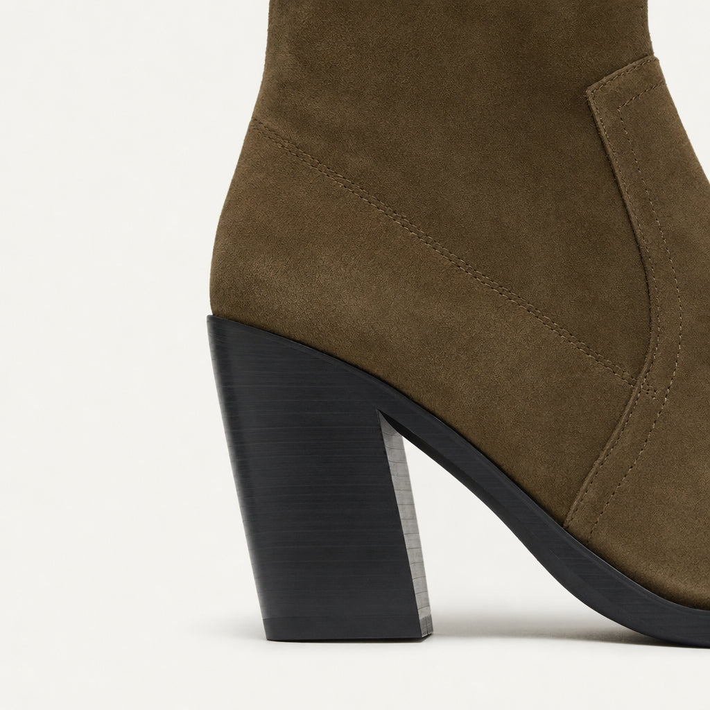 Women's Suede Pointed-Toe Block Heel Boot – Ankle Height