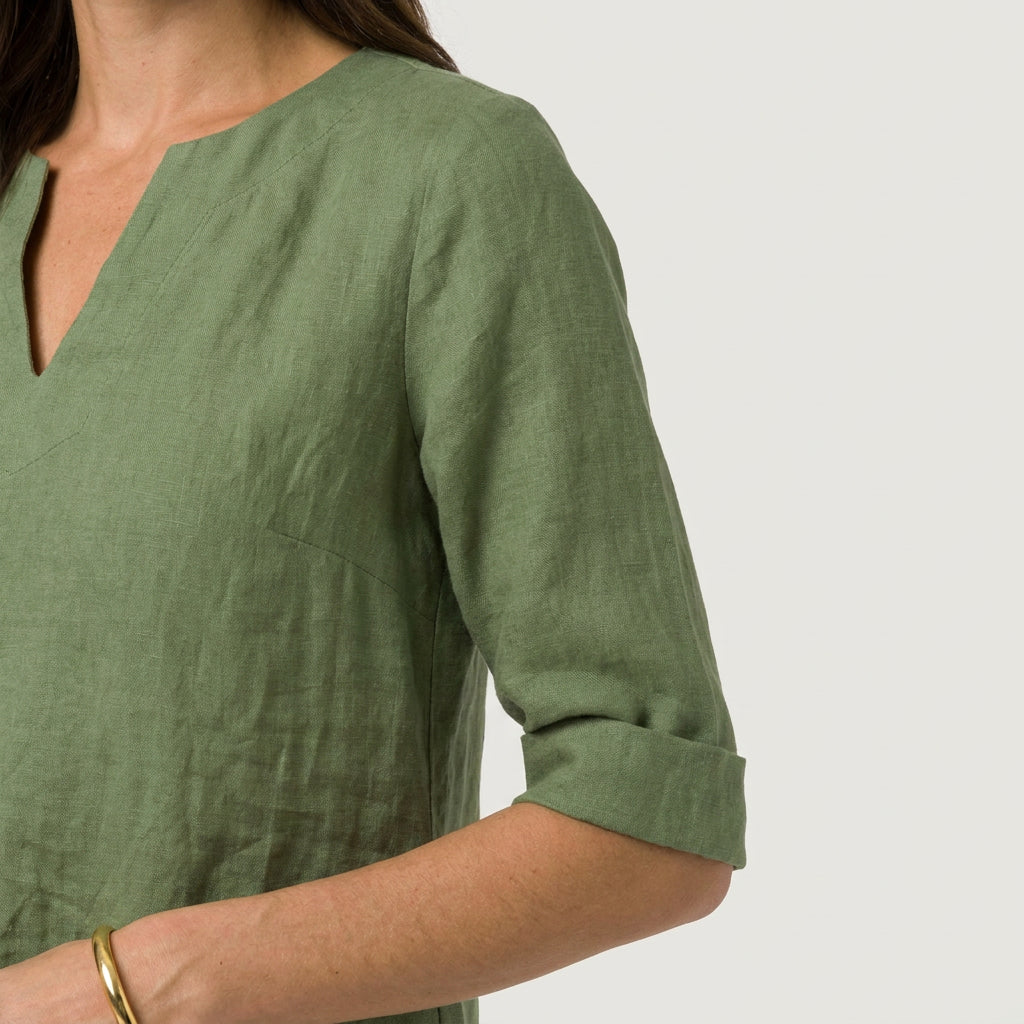 Women's Elbow Sleeve Linen Tunic Dress – V-Neck