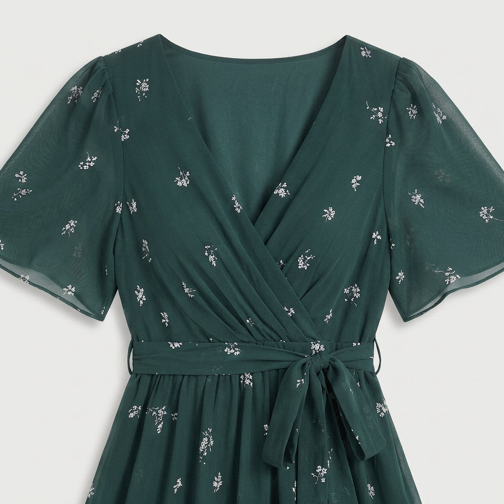 Women's Flutter Sleeve Floral Wrap Midi Dress – Tie Waist