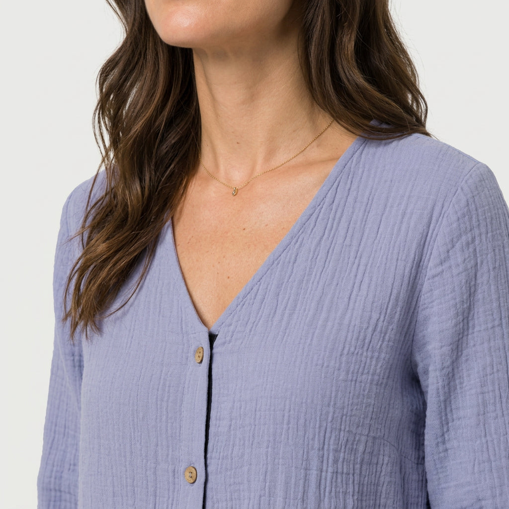 Women's Cotton Gauze Button-Up Blouse – V-Neck