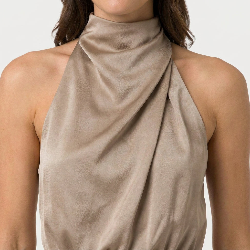 Women's Satin Halter Midi Dress – High Neck