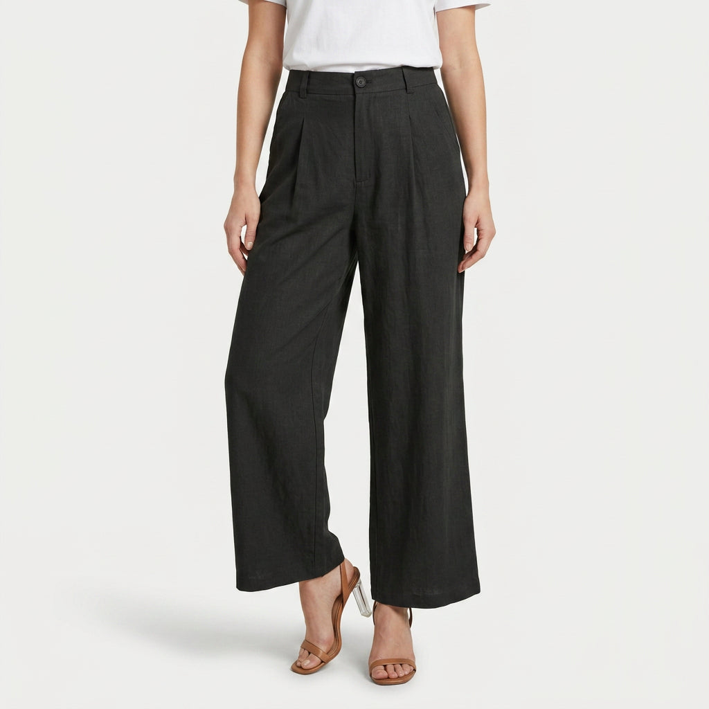 Women's Linen-Blend Wide-Leg Pants – Pleated, High Rise