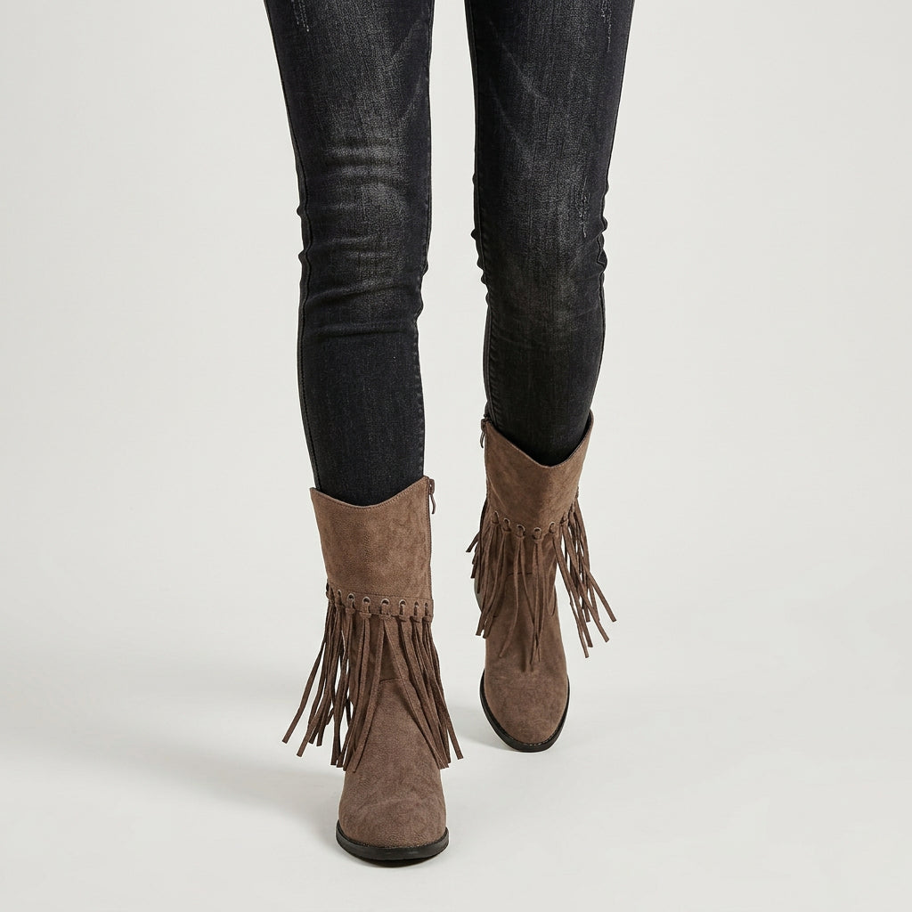 Women's Suede Fringed Mid-Calf Boot – Block Heel