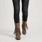 Women's Suede Fringed Mid-Calf Boot – Block Heel
