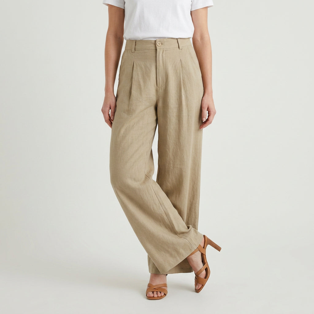 Women's Linen-Blend Wide-Leg Pants – Pleated, High Rise