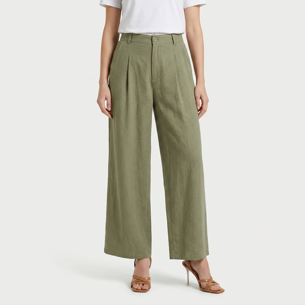 Women's Linen-Blend Wide-Leg Pants – Pleated, High Rise