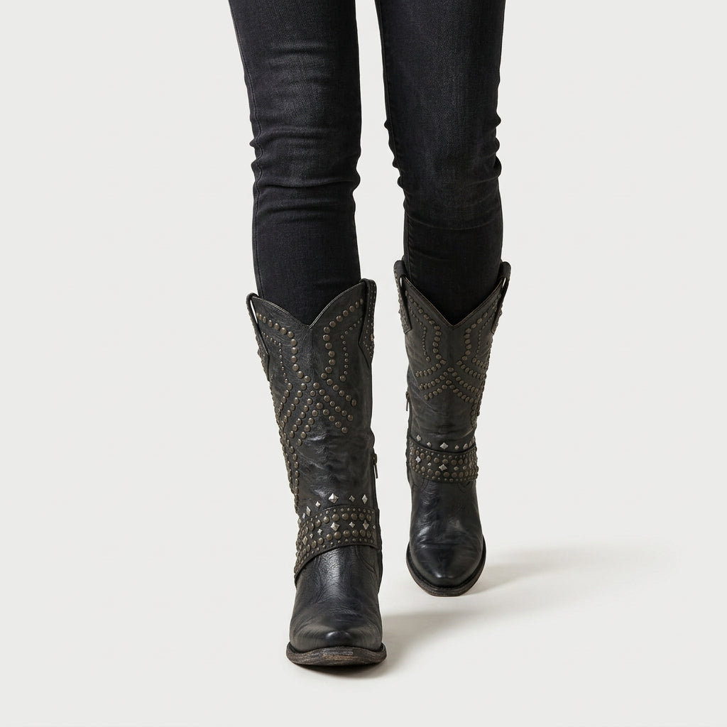 Women's Leather Studded Western Knee Boot – Block Heel