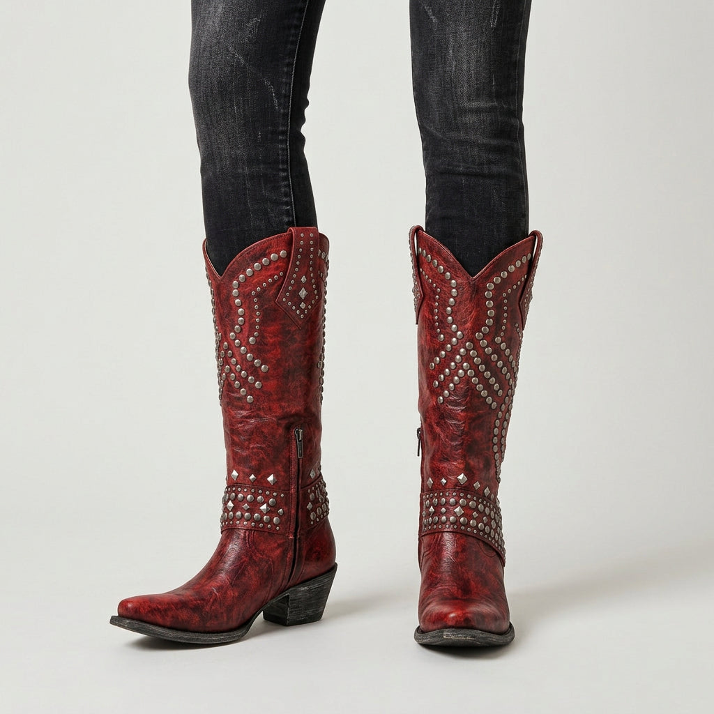 Women's Leather Studded Western Knee Boot – Block Heel
