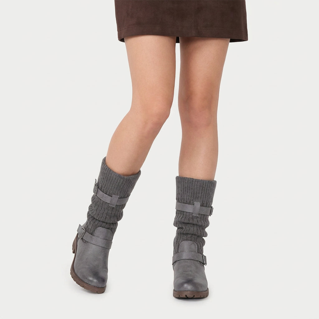 Women's Buckled Knit Cuff Mid-Calf Boot – Lug Sole