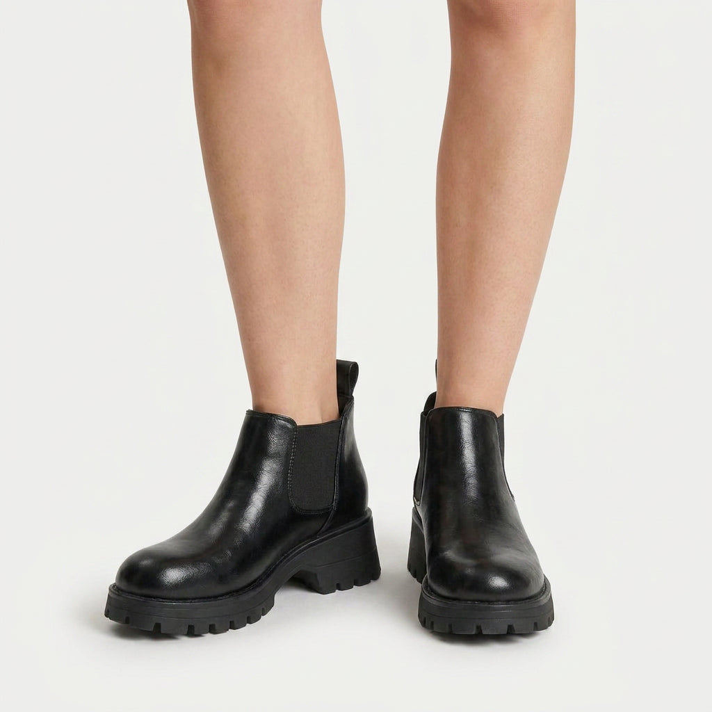 Women's Faux Leather Chunky Chelsea Boots – Platform Lug Sole