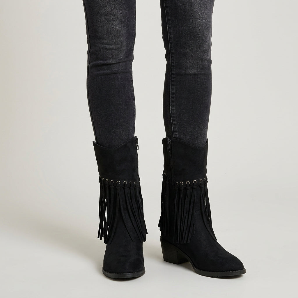 Women's Suede Fringed Mid-Calf Boot – Block Heel
