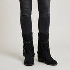 Women's Suede Fringed Mid-Calf Boot – Block Heel