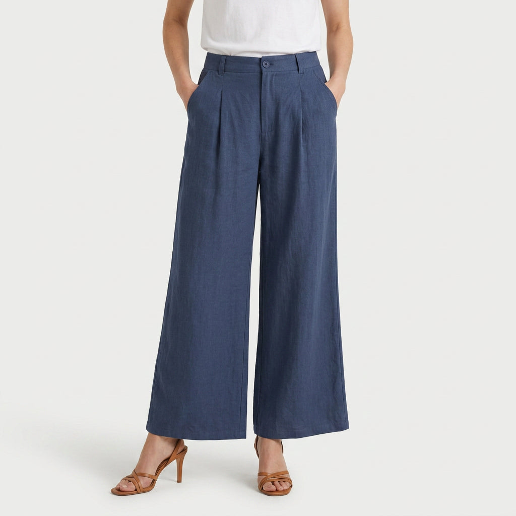 Women's Linen-Blend Wide-Leg Pants – Pleated, High Rise