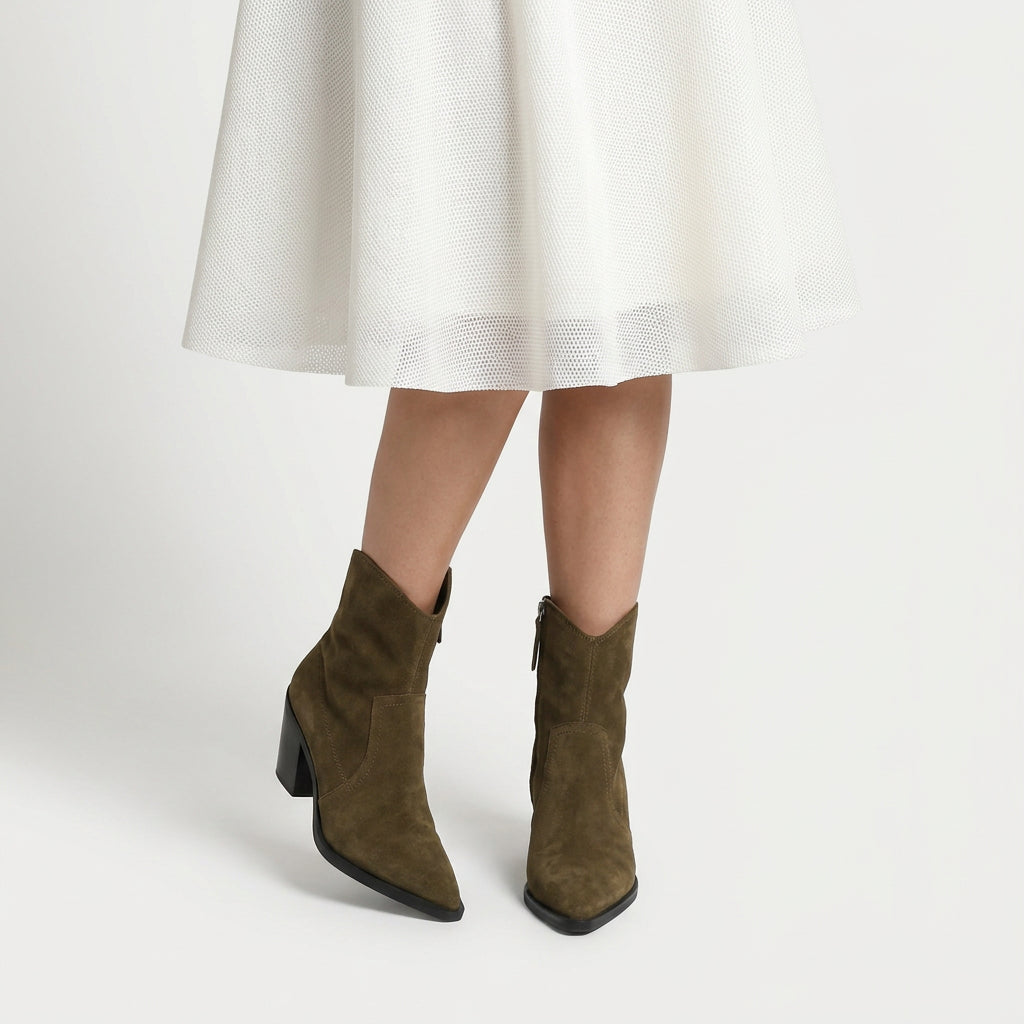 Women's Suede Pointed-Toe Block Heel Boot – Ankle Height