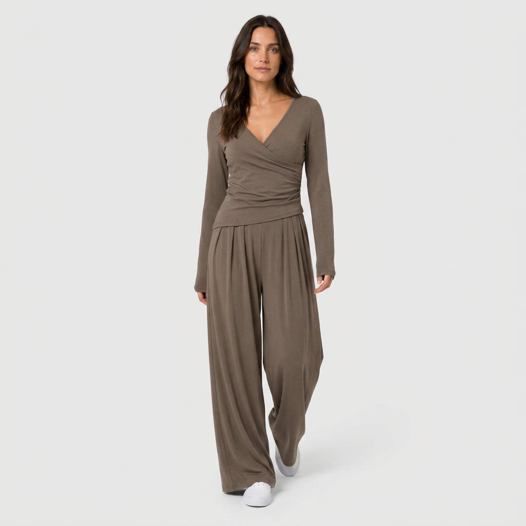 Women's Wrap Top & Wide-Leg Trouser Co-Ord Set – Pleated