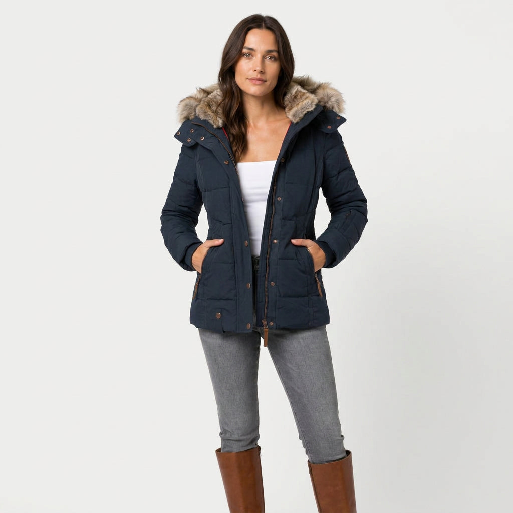 Women's Quilted Puffer Coat – Fur-Trimmed Hood, Mid-Thigh Length