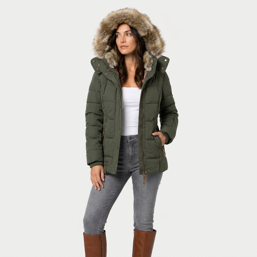 Women's Quilted Puffer Coat – Fur-Trimmed Hood, Mid-Thigh Length