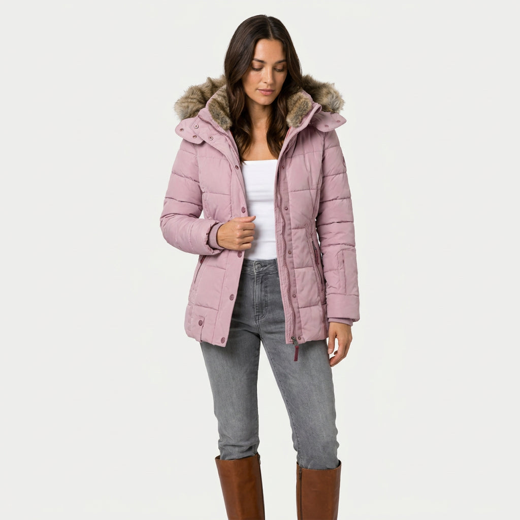 Women's Quilted Puffer Coat – Fur-Trimmed Hood, Mid-Thigh Length
