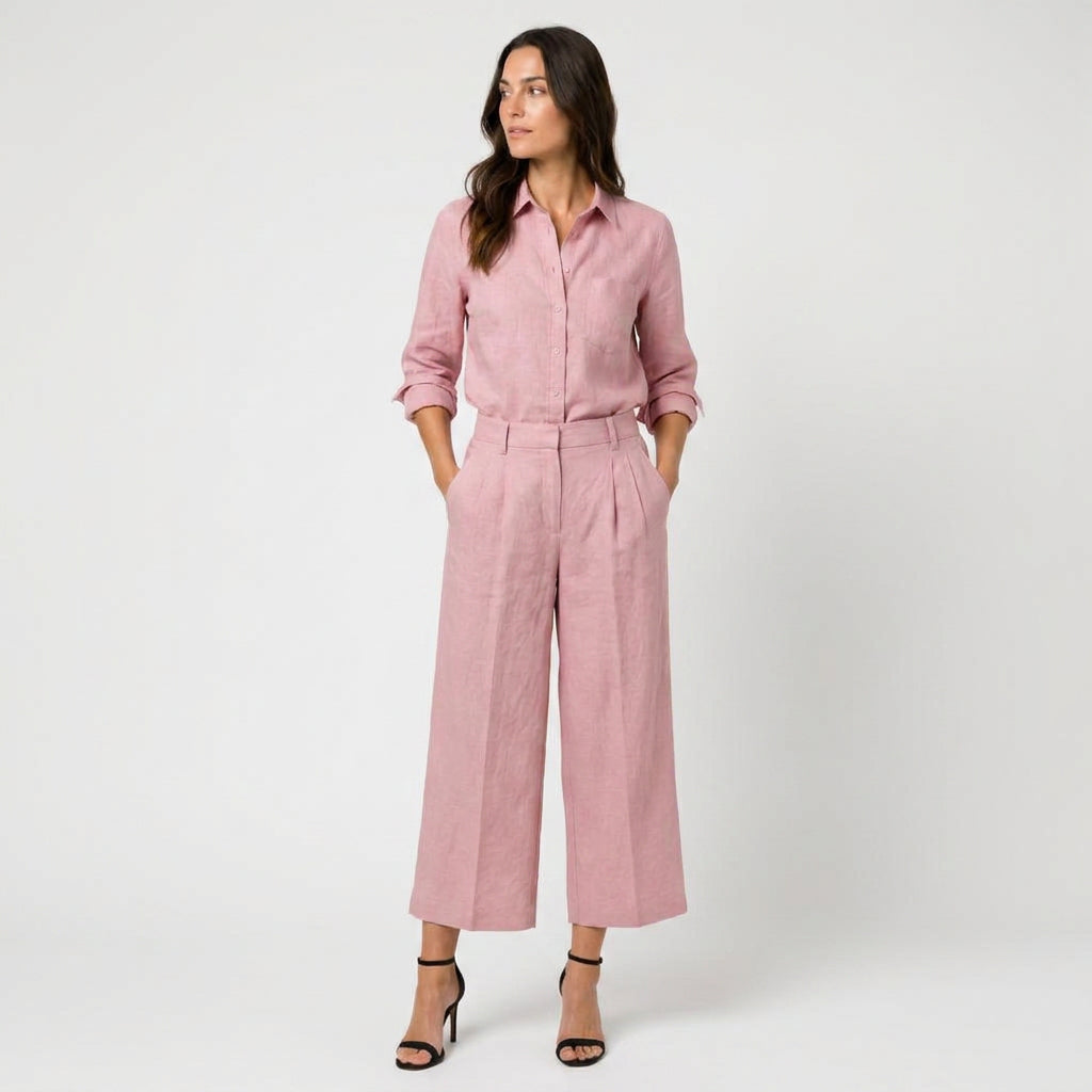 Women's Relaxed Linen Breathable Co-Ord Set – Wide-Leg Trousers