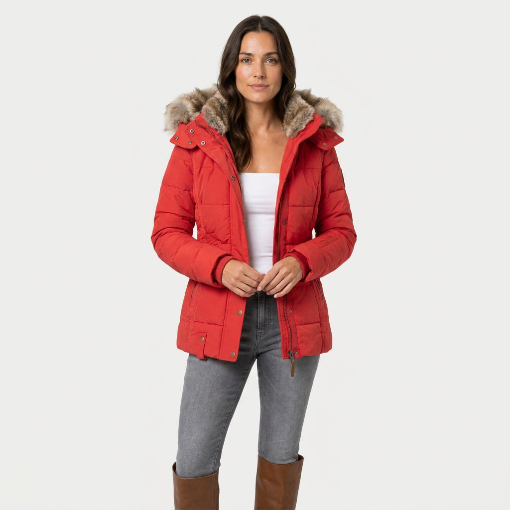 Women's Quilted Puffer Coat – Fur-Trimmed Hood, Mid-Thigh Length