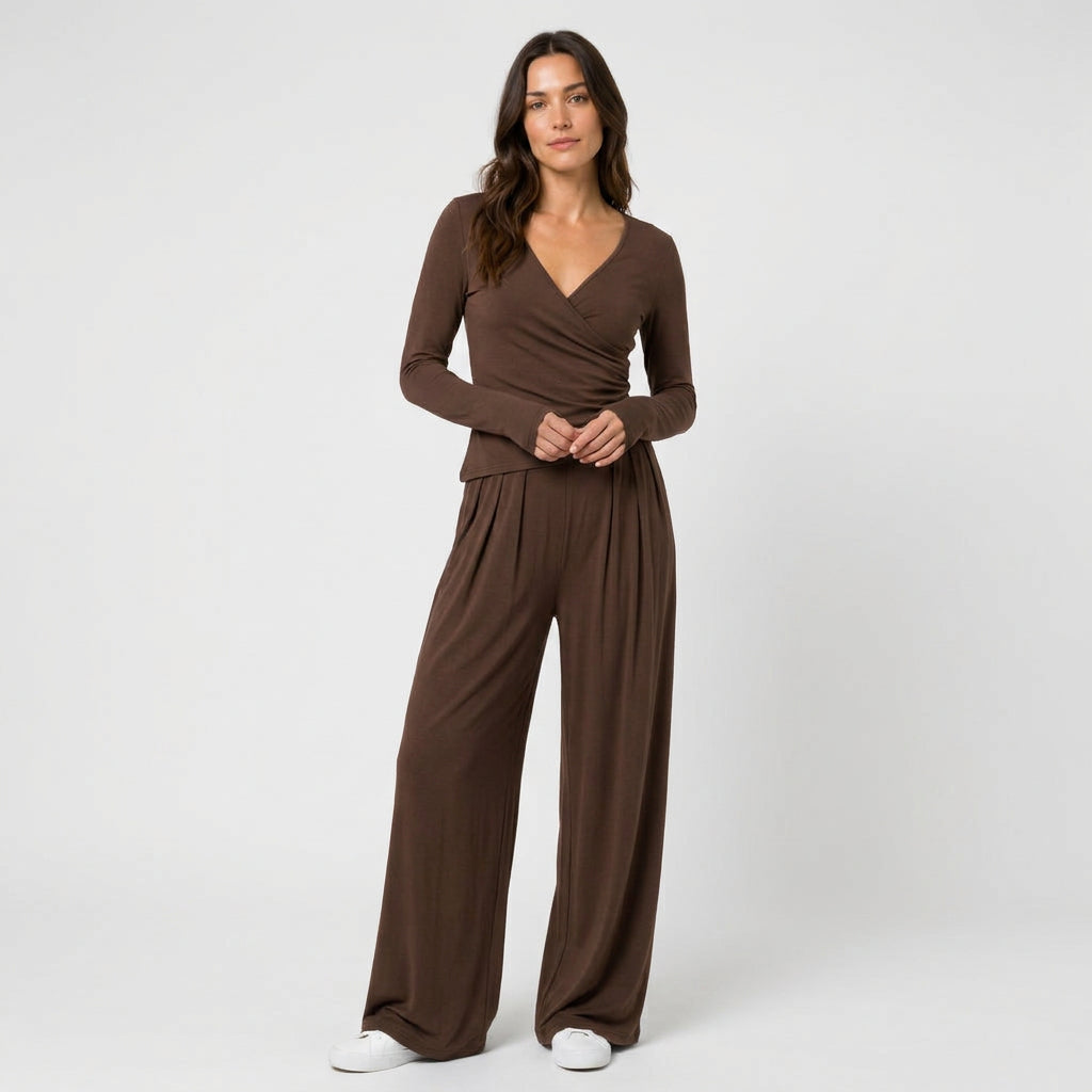 Women's Wrap Top & Wide-Leg Trouser Co-Ord Set – Pleated