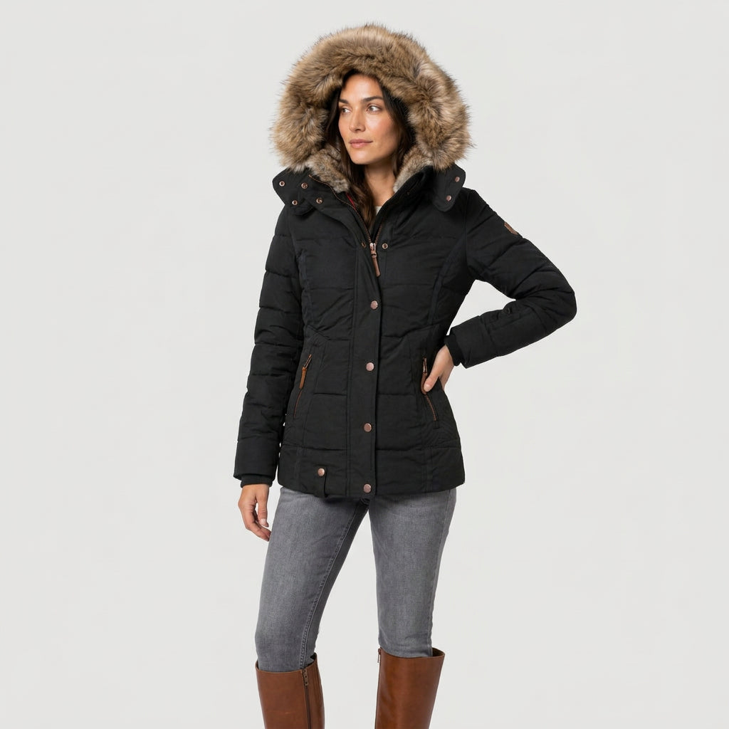 Women's Quilted Puffer Coat – Fur-Trimmed Hood, Mid-Thigh Length