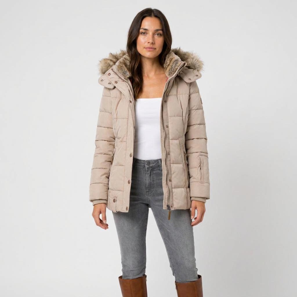 Women's Quilted Puffer Coat – Fur-Trimmed Hood, Mid-Thigh Length