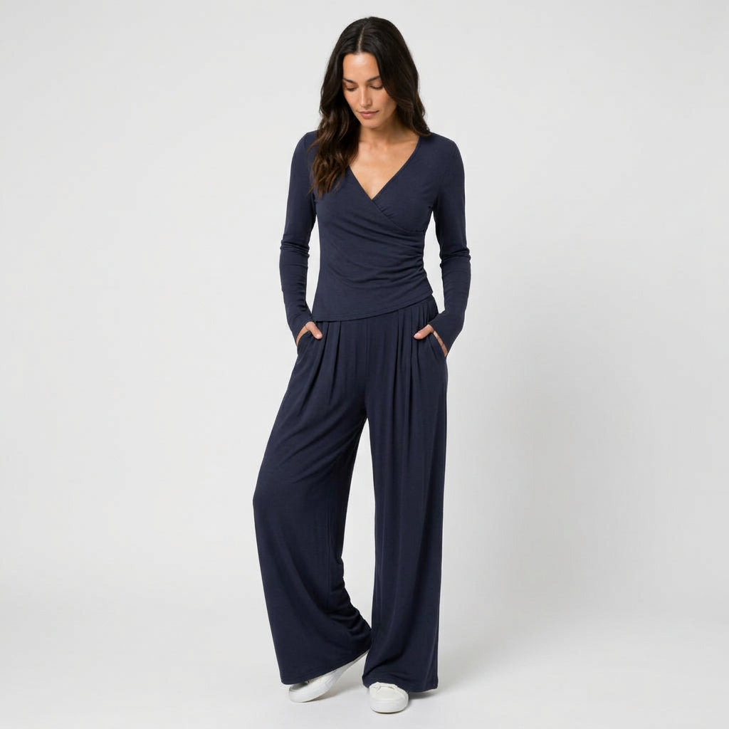 Women's Wrap Top & Wide-Leg Trouser Co-Ord Set – Pleated