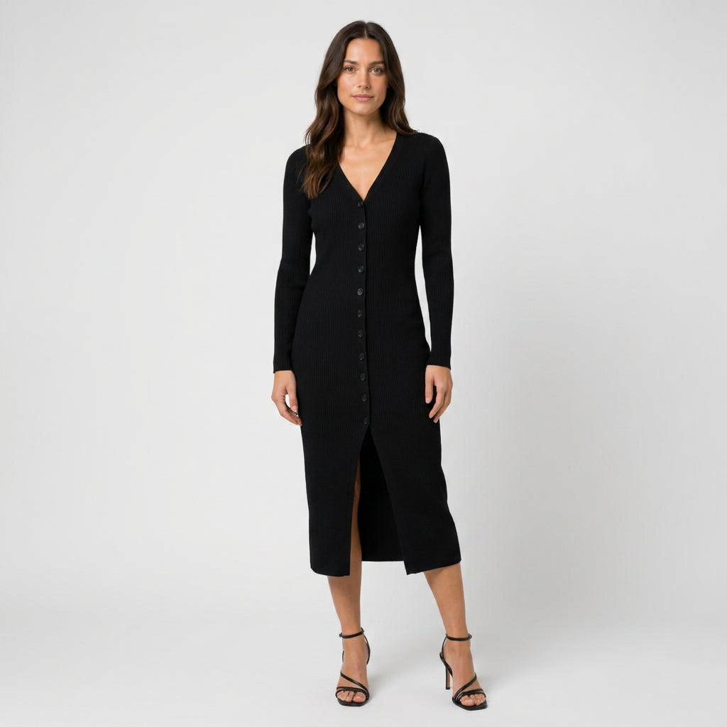 Women's Button-Front Ribbed Midi Dress