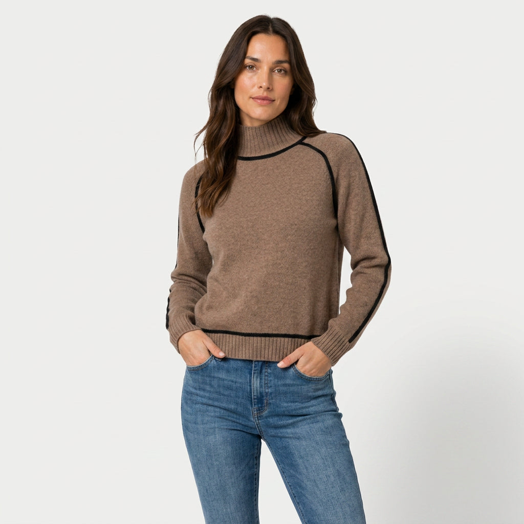 Women's Relaxed Fit Turtleneck Sweater – Contrast Piping, Ribbed Trims