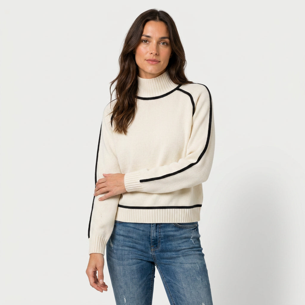 Women's Relaxed Fit Turtleneck Sweater – Contrast Piping, Ribbed Trims