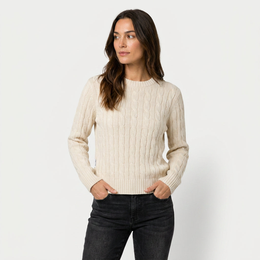 Women's Cable Knit Sweater – Crew Neck, Cropped