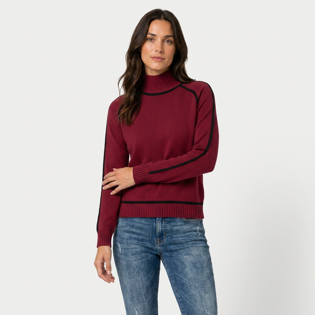 Women's Relaxed Fit Turtleneck Sweater – Contrast Piping, Ribbed Trims