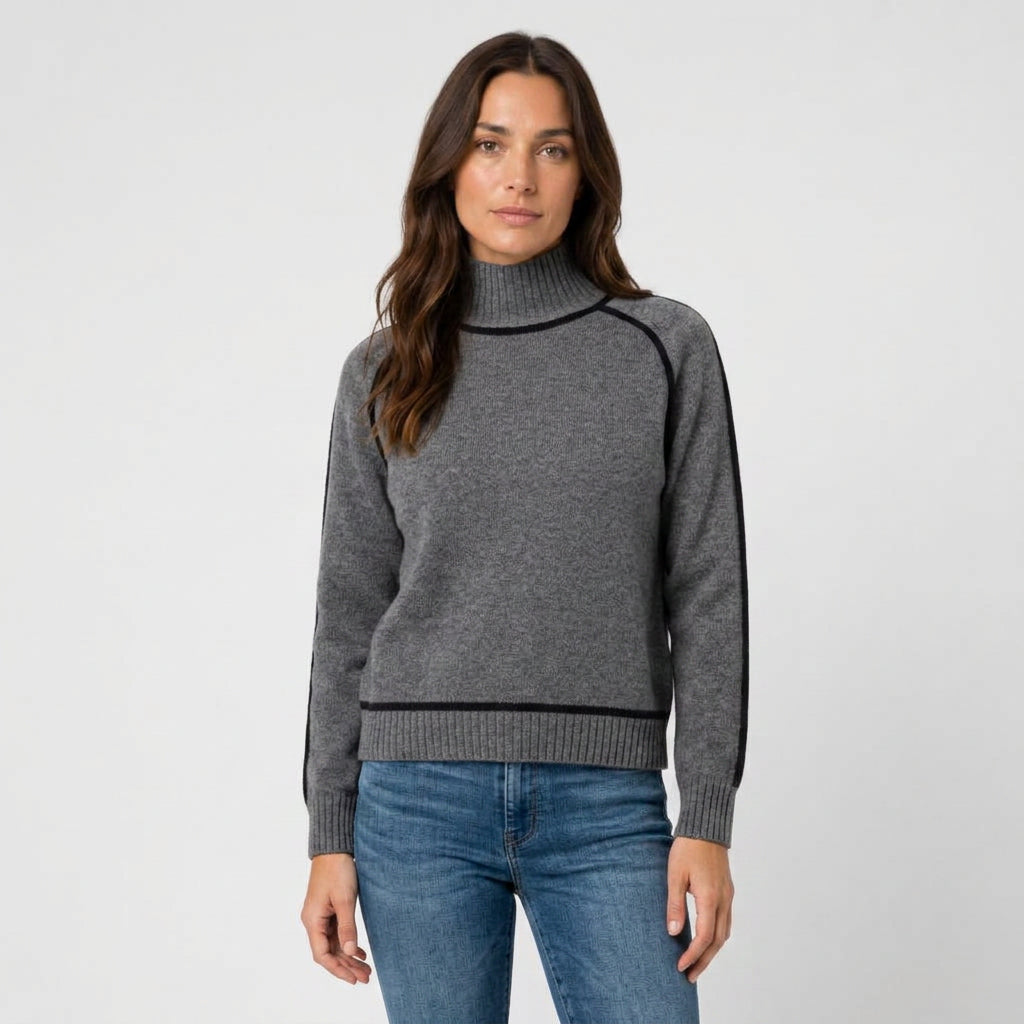 Women's Relaxed Fit Turtleneck Sweater – Contrast Piping, Ribbed Trims