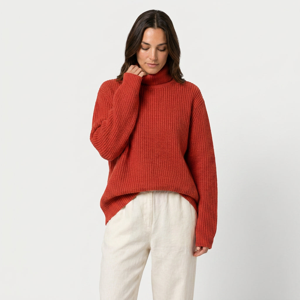 Women's Ribbed Chunky Knit Turtleneck Sweater – Relaxed Fit