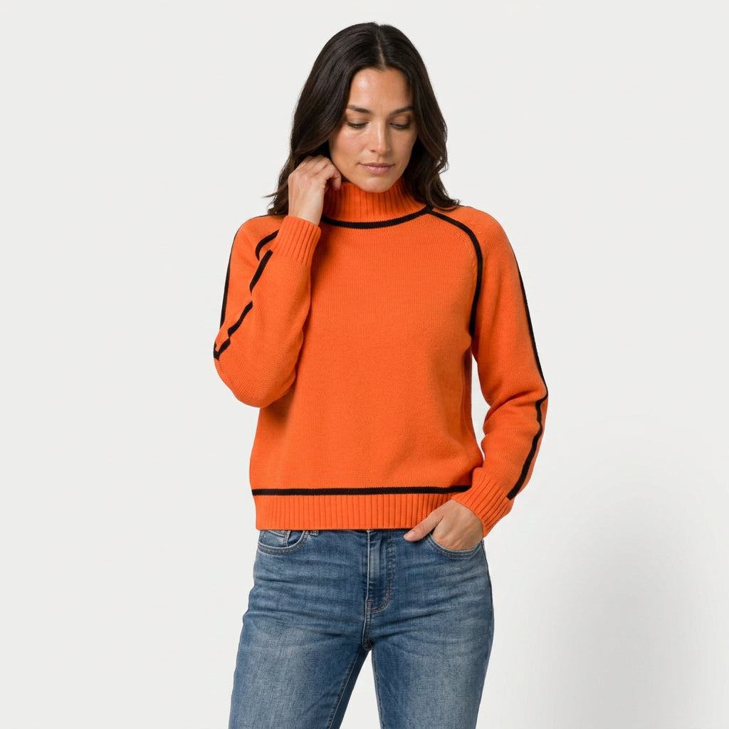 Women's Relaxed Fit Turtleneck Sweater – Contrast Piping, Ribbed Trims