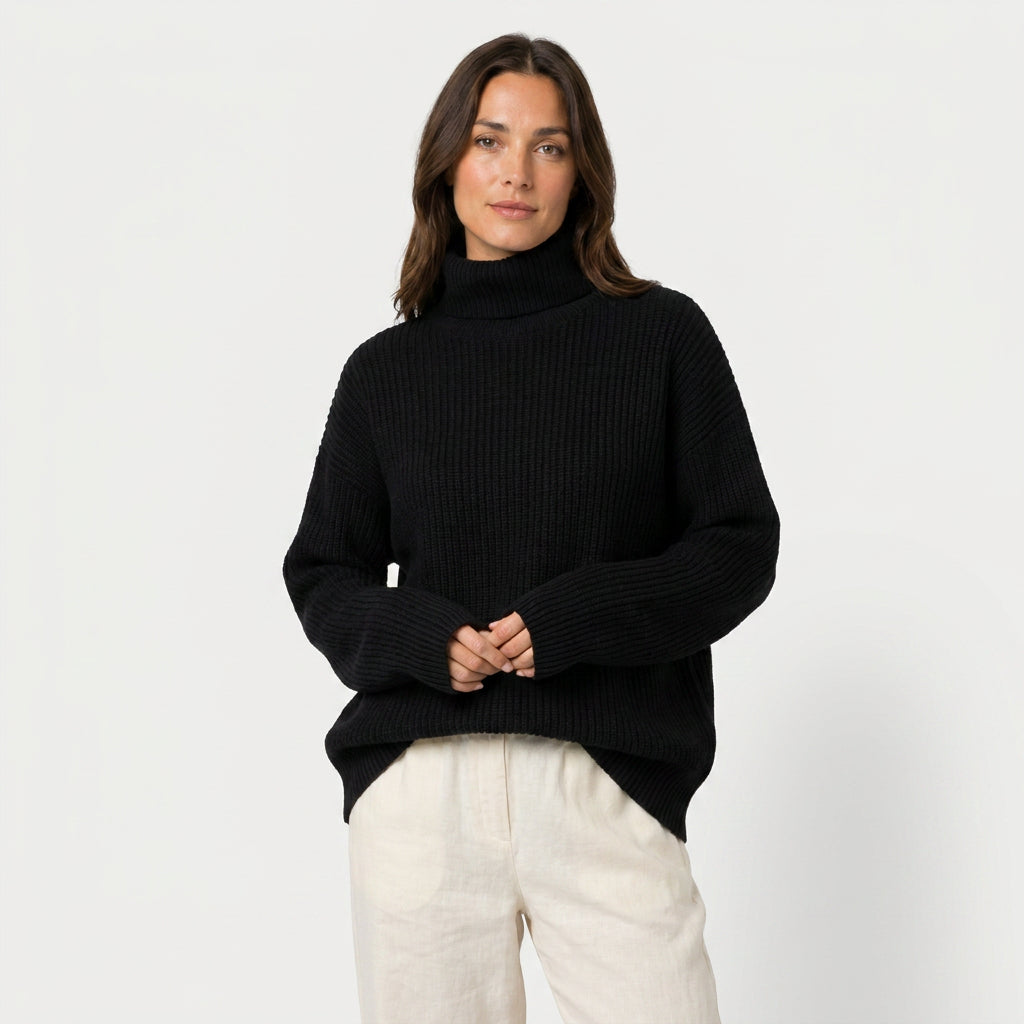 Women's Ribbed Chunky Knit Turtleneck Sweater – Relaxed Fit