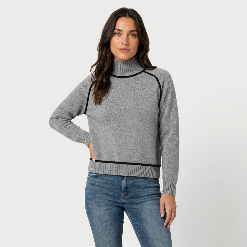 Women's Relaxed Fit Turtleneck Sweater – Contrast Piping, Ribbed Trims