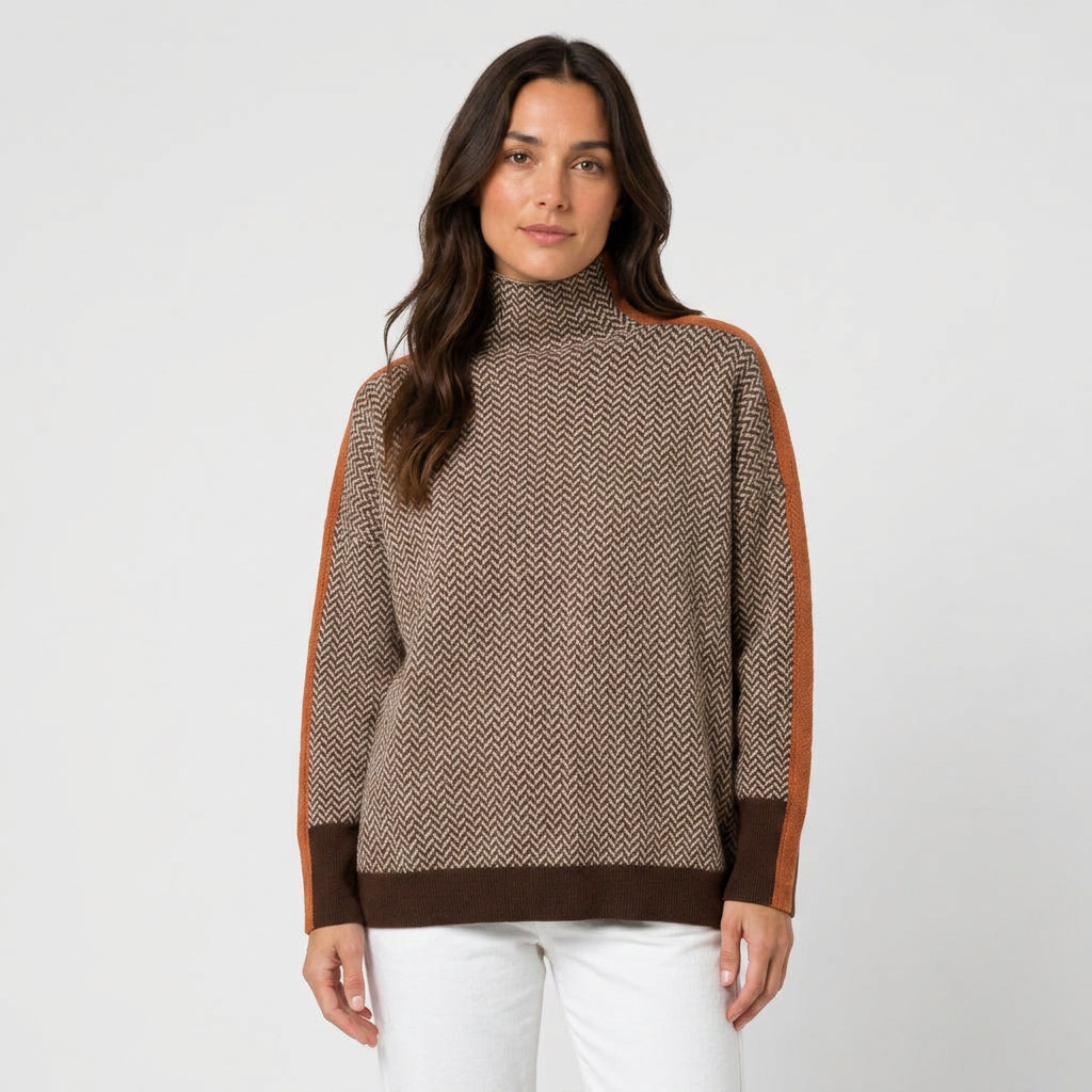 Women's Herringbone Funnel Neck Sweater – Sporty Stripe, Color-Block Trims