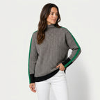 Women's Herringbone Funnel Neck Sweater – Sporty Stripe, Color-Block Trims