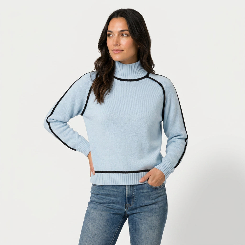 Women's Relaxed Fit Turtleneck Sweater – Contrast Piping, Ribbed Trims
