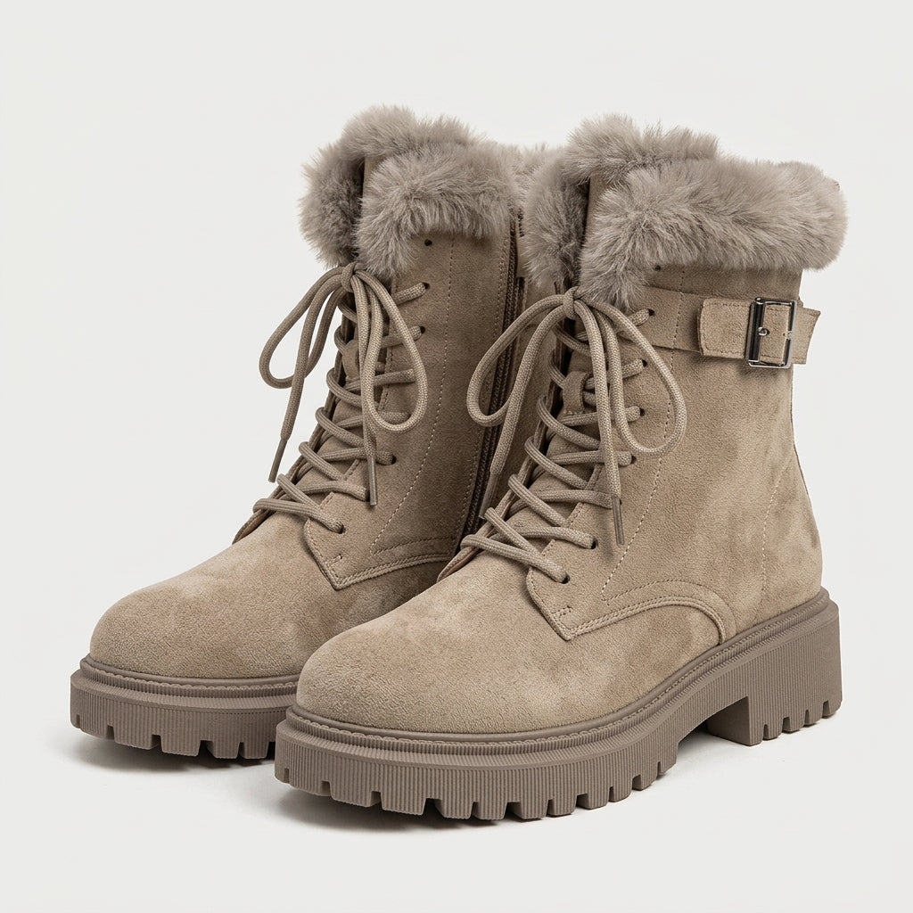 Women's Fuzzy Cuff Lace-Up Combat Boot – Platform Sole