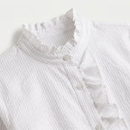 Women's Ruffle Trim Button-Up Blouse – Striped Seersucker